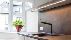 Una cucina moderna con un lavello in acciaio inossidabile, una pianta in vaso e una finestra con vista sugli edifici.
