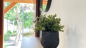 Ruukussa oleva kasvi puupöydällä huoneessa, jossa on suuri peili ja puuovi, joka johtaa ulkotilaan.