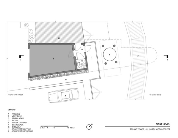 A floor plan of the Tensas Tower, highlighting the parking area, vestibule, spiral stair, entry, water cistern, boardwalk, sidewalk, architect's office, and architect's storage.