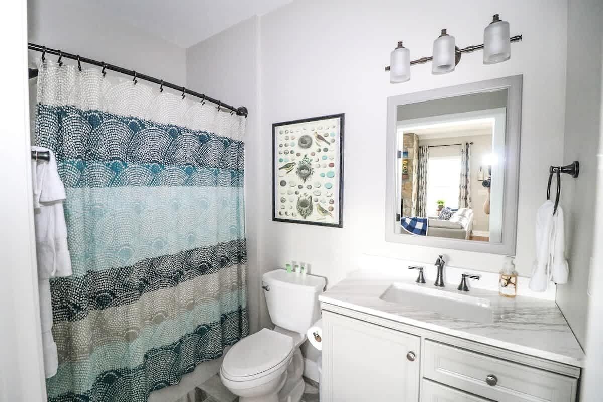 Une salle de bain équipée d’un rideau de douche, de toilettes, d’un lavabo, d’un meuble-lavabo et d’un miroir.