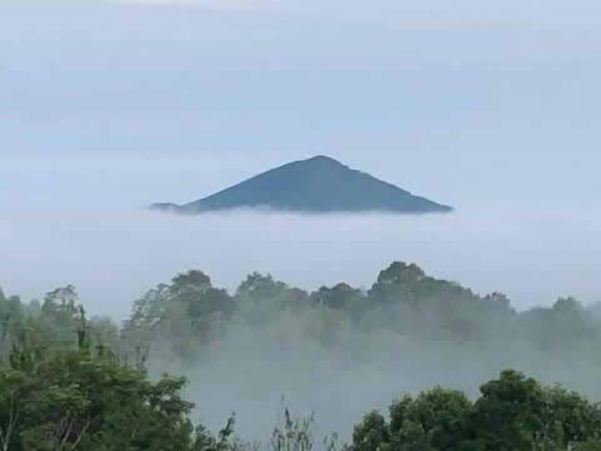 A mountain shrouded in mist with a forested foreground.