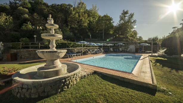 A swimming pool with a stone fountain, surrounded by a grassy area and trees. - Rocca Palazzaccio (Impruneta)