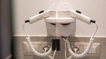 Hair dryer, towels, soap, toilet paper