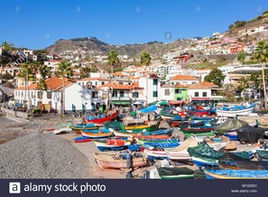 A coastal village with colorful boats docked along the shore, surrounded by terraced houses and palm trees. - Spacious house, family friendly with 3 bedrooms. (CĆ¢mara de Lobos)