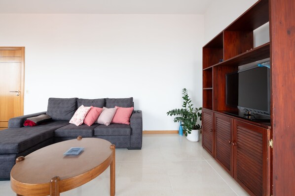 A living room with a grey sofa, a wooden coffee table, a TV on a wooden cabinet, and a potted plant. - Spacious house, family friendly with 3 bedrooms. (CĆ¢mara de Lobos)