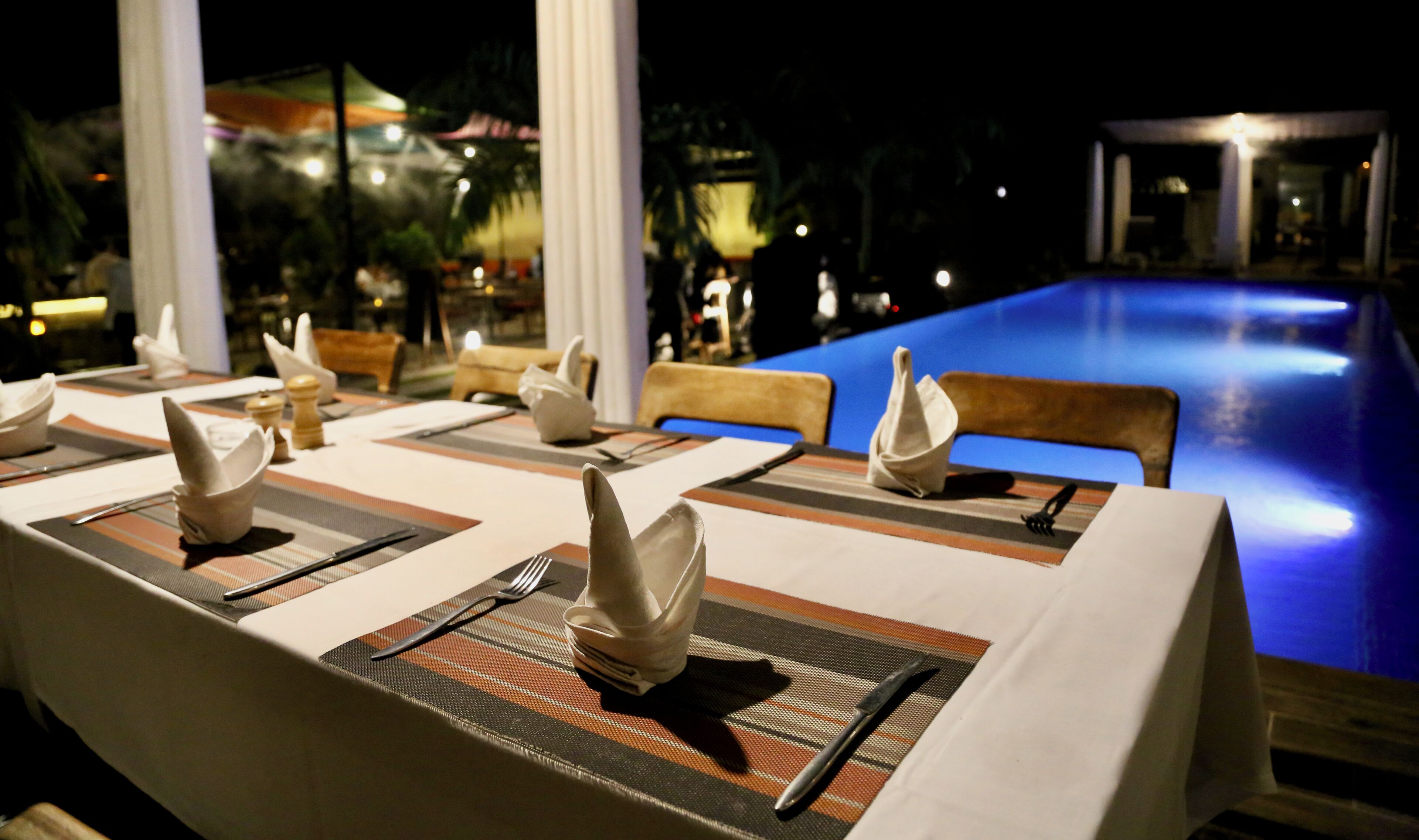 outdoor pool, pool umbrellas, pool loungers