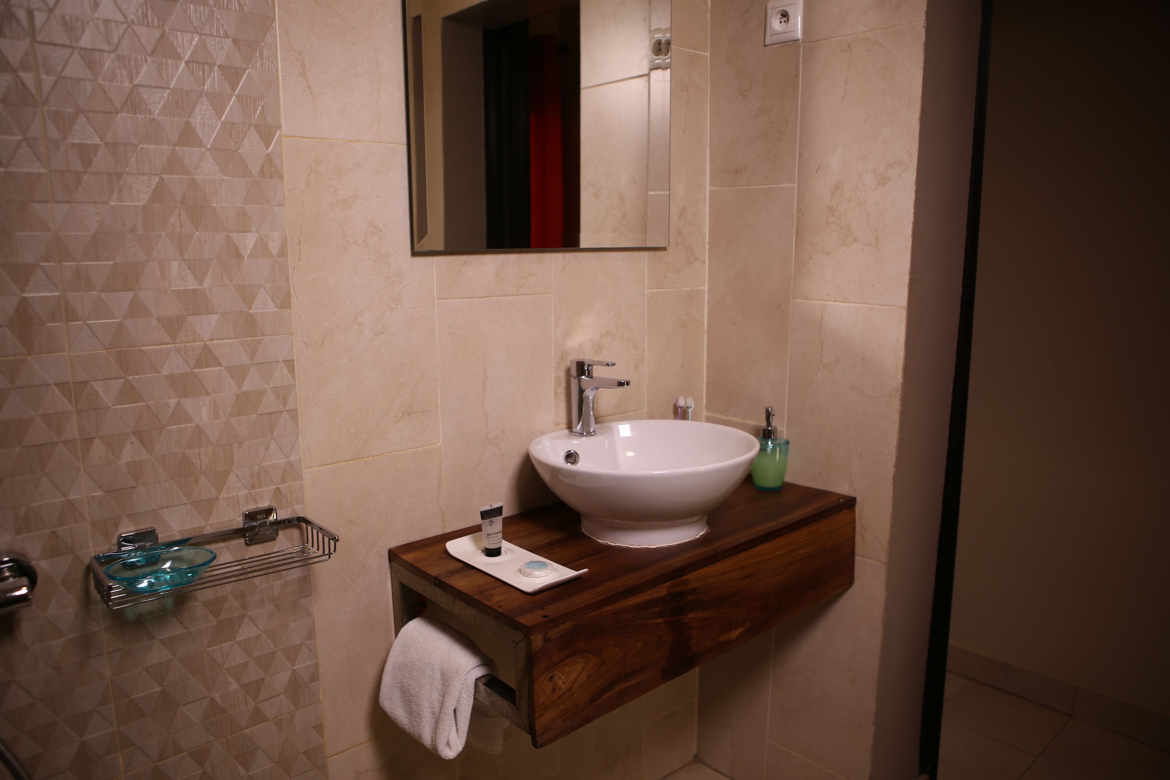 shower, rainfall showerhead, hair dryer, towels