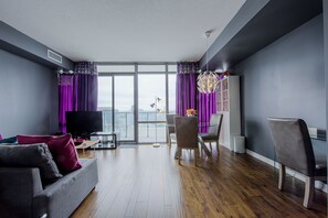 Smart TV, fireplace, books