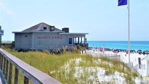 Una casa de playa llamada "Whale's Tail" con vista al océano y la playa.