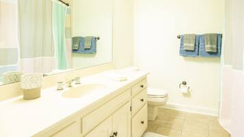 Ensemble douche/baignoire, sèche-cheveux, serviettes fournies, savon