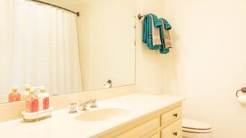 Duschwanne, Haartrockner, Handtücher, Seife