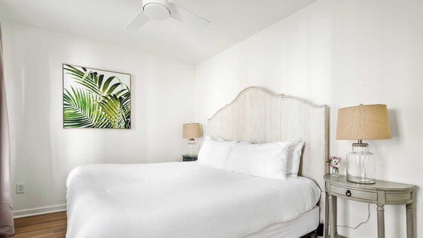 A neatly made bed with white linens, a wooden headboard, two bedside tables with lamps, and a wall-mounted picture of palm leaves. - Walk Everywhere! Cannon St Retreat! (Charleston)