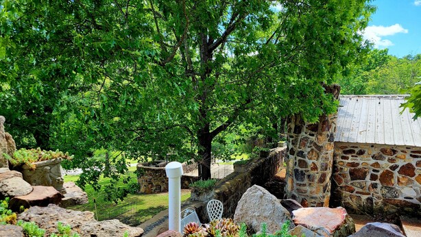 Un jardín con muro de piedra, rocas grandes y diversas plantas.