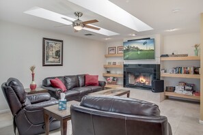 TV, fireplace, books