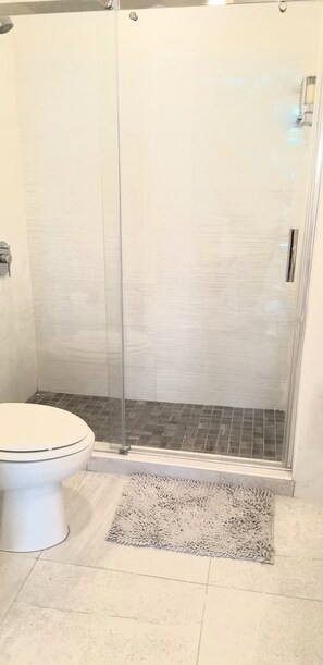 Een badkamer met een douchecabine van glas, een toilet en een vloerkleed.