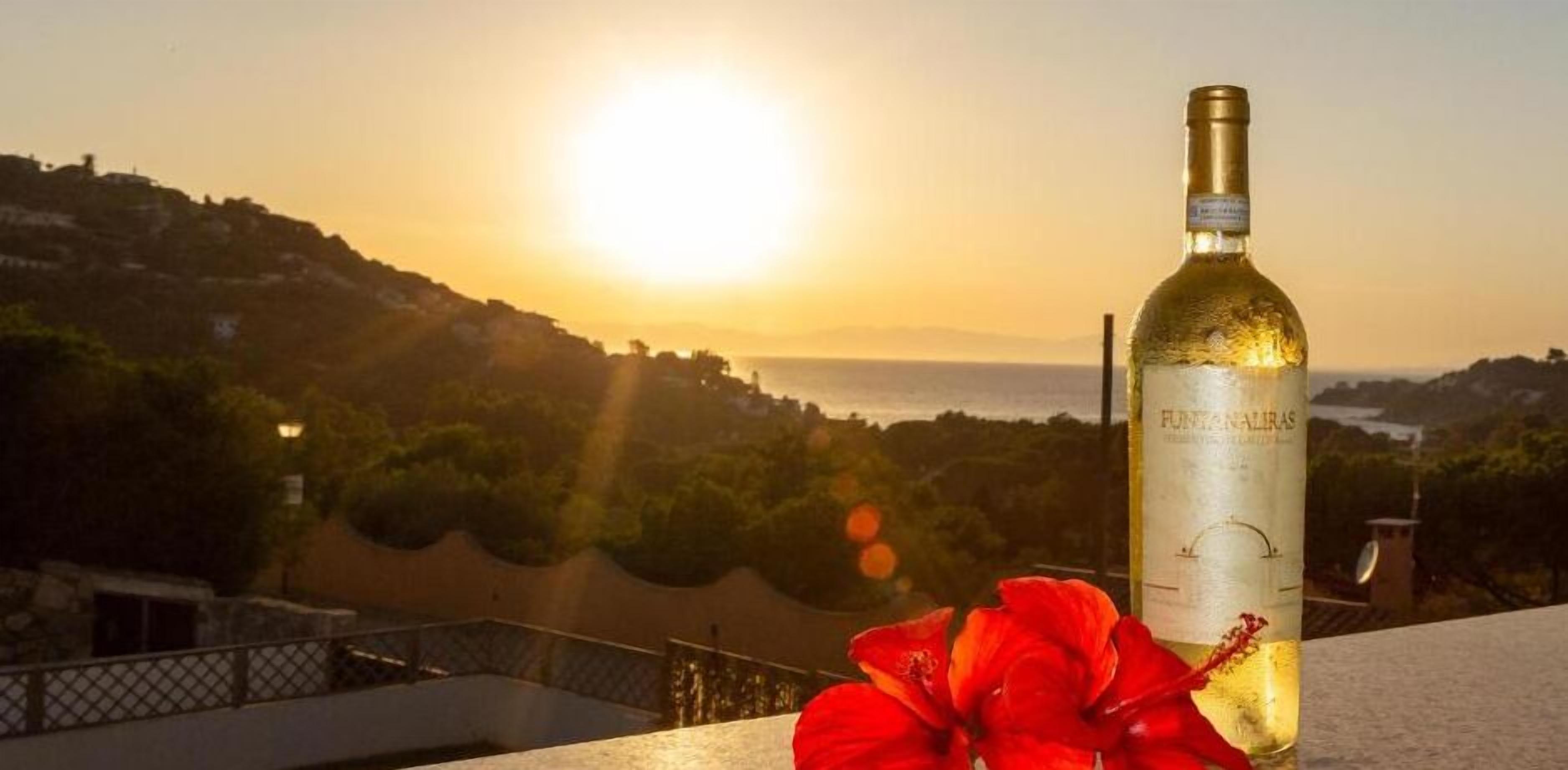 A bottle of wine with a sunset view in the background.