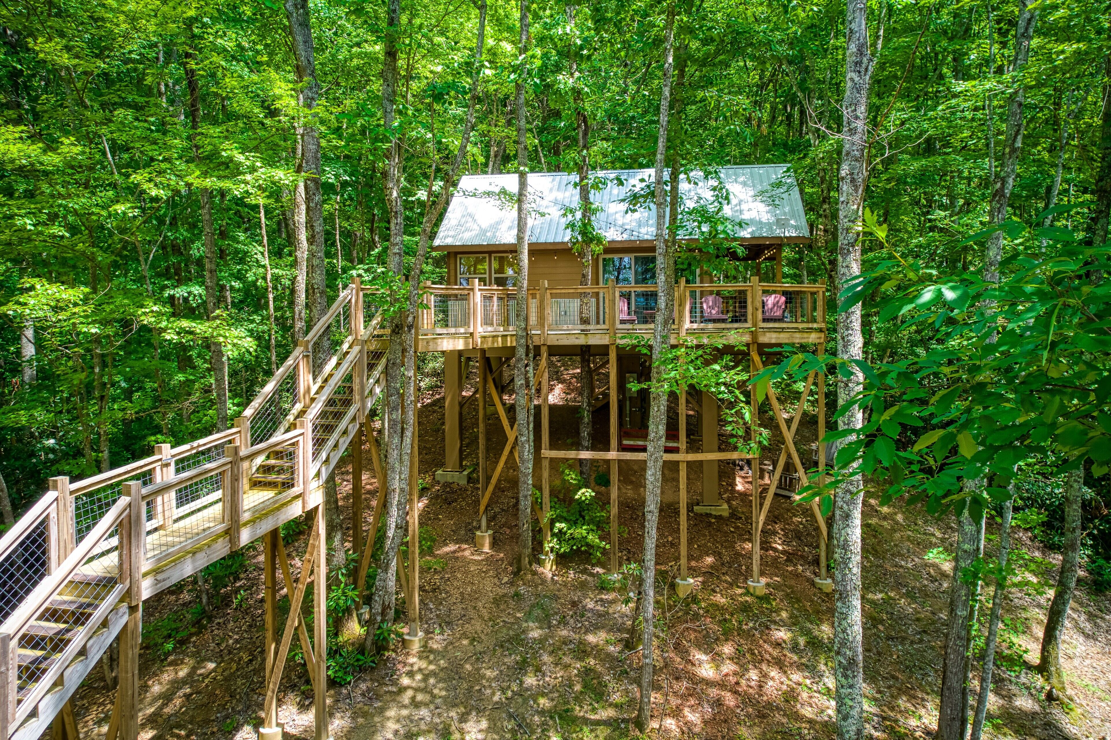 A wooden treehouse with a metal roof, surrounded by dense forest.