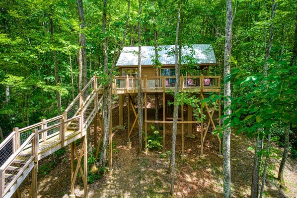 A wooden treehouse with a metal roof, surrounded by dense forest.