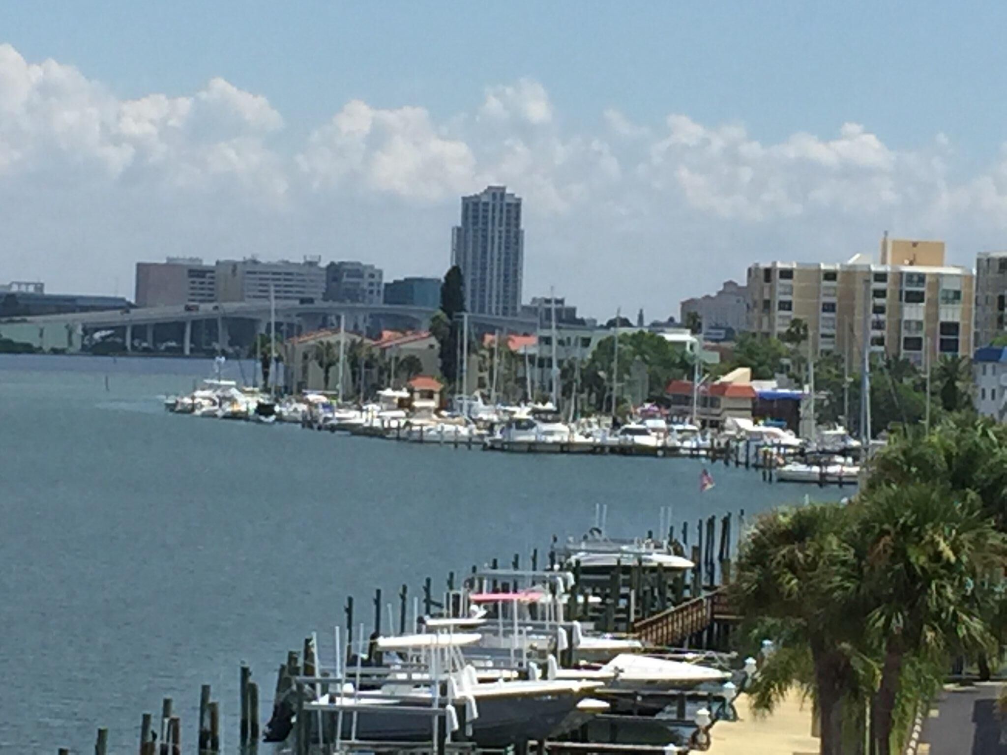 Un puerto deportivo con barcos amarrados, un horizonte urbano al fondo y un cielo despejado.