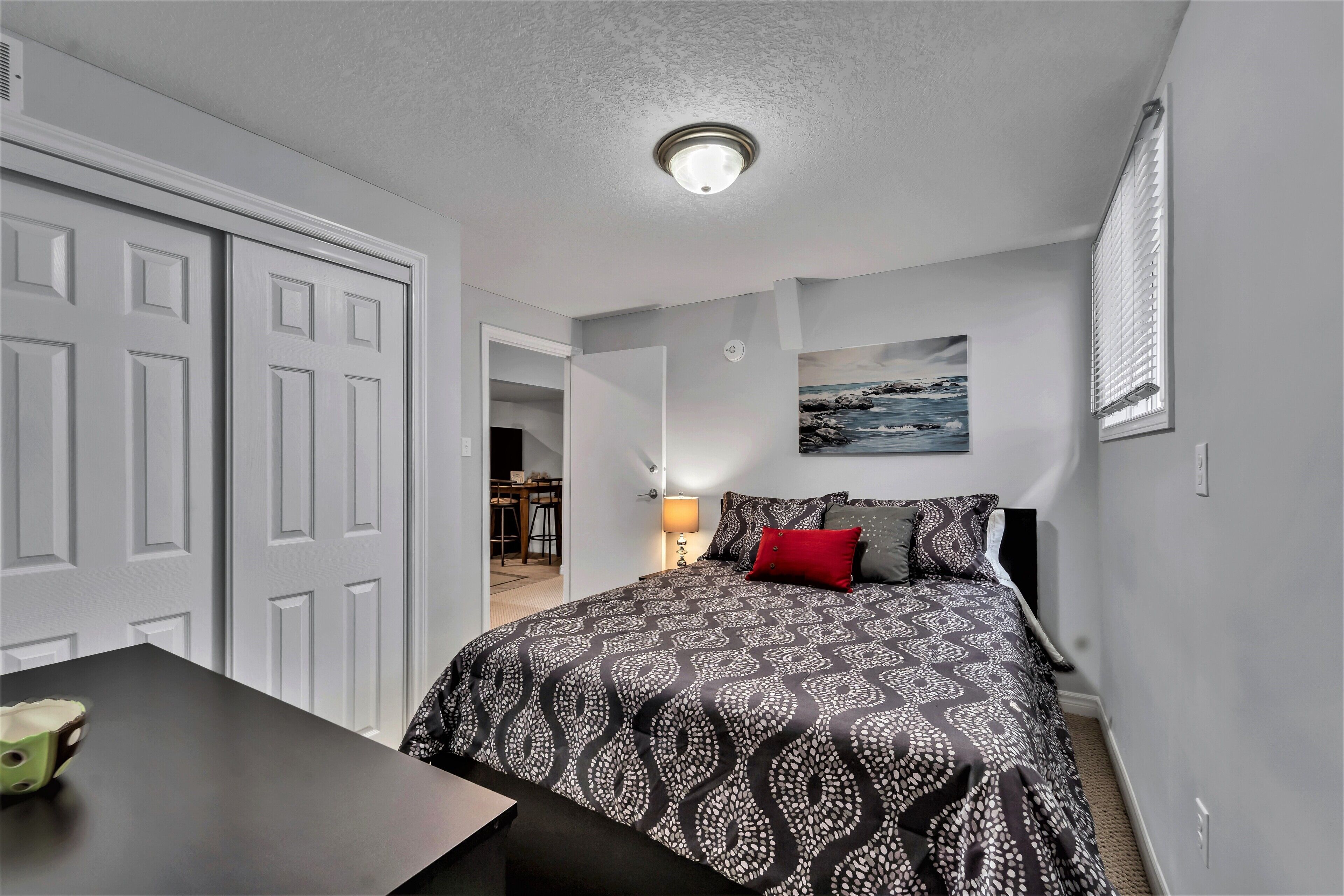 2 bedrooms, desk, blackout curtains, iron/ironing board