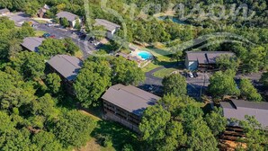 An aerial view of a residential area with multiple houses, a swimming pool, and a well-maintained lawn.