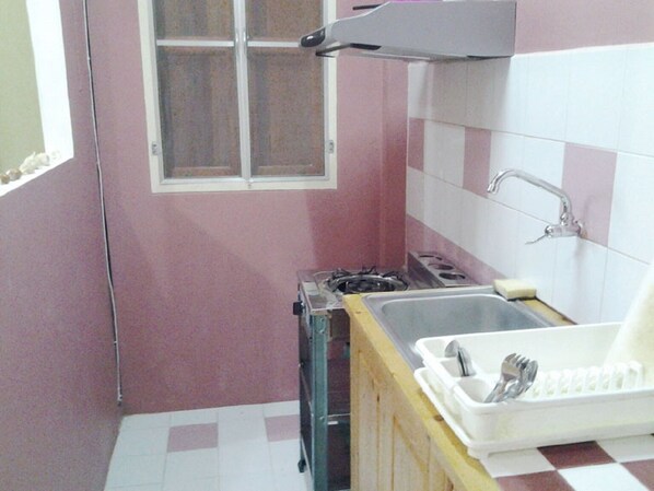 Cocina compacta con estufa a gas, un lavamanos y una ventana.