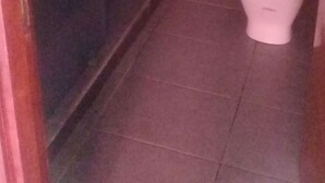 Ein Badezimmer mit einer weißen Toilette, einem rosa Handtuch an der Wand und einer Duschkabine aus Glas.