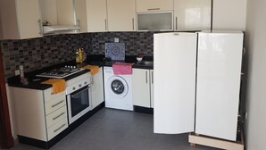 Eine kleine Küche mit Gasherd, Backofen, Waschmaschine und Kühlschrank.