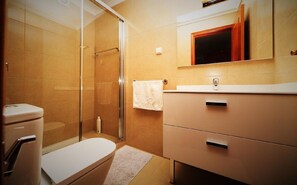 Hair dryer, towels, shampoo, toilet paper
