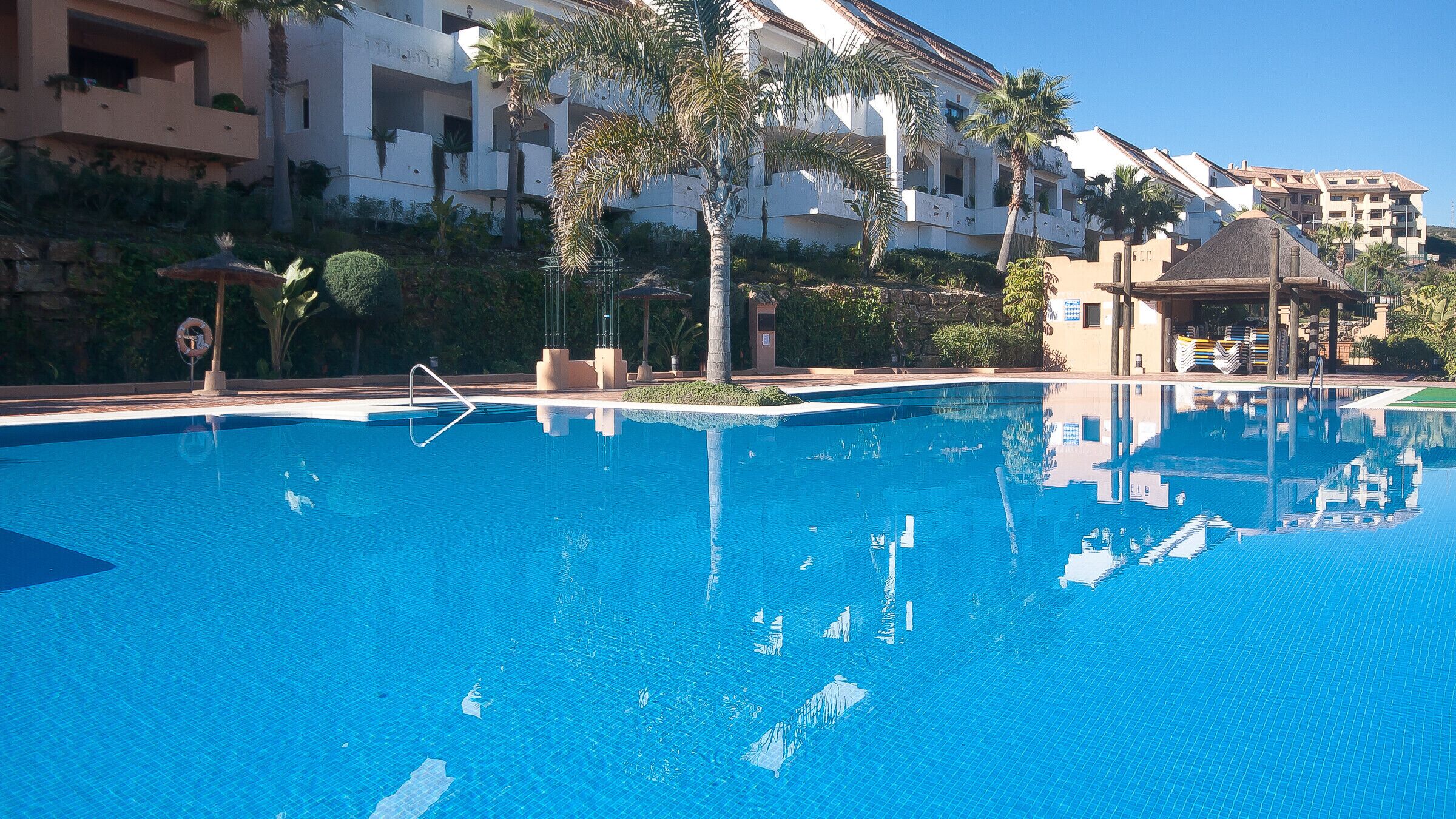 A clear blue swimming pool with a lifeguard chair and palm trees in the background.