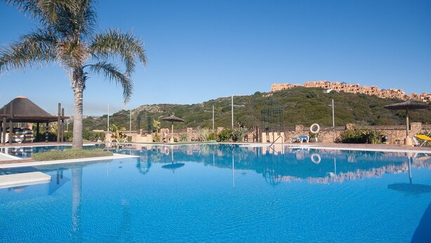 Piscina azul e límpida com espreguiçadeiras e uma palmeira, em um espaço ajardinado com vista para uma colina com edifícios.