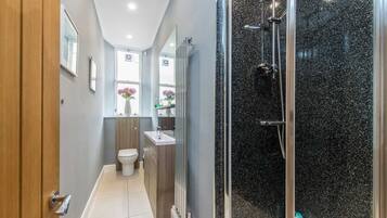Shower, hair dryer, towels