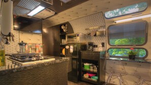 A compact kitchen with a built-in stove, microwave, and refrigerator. It features a window with a view of greenery and a small potted plant on the counter.