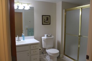 Dusch, hårtork, handdukar och tvål