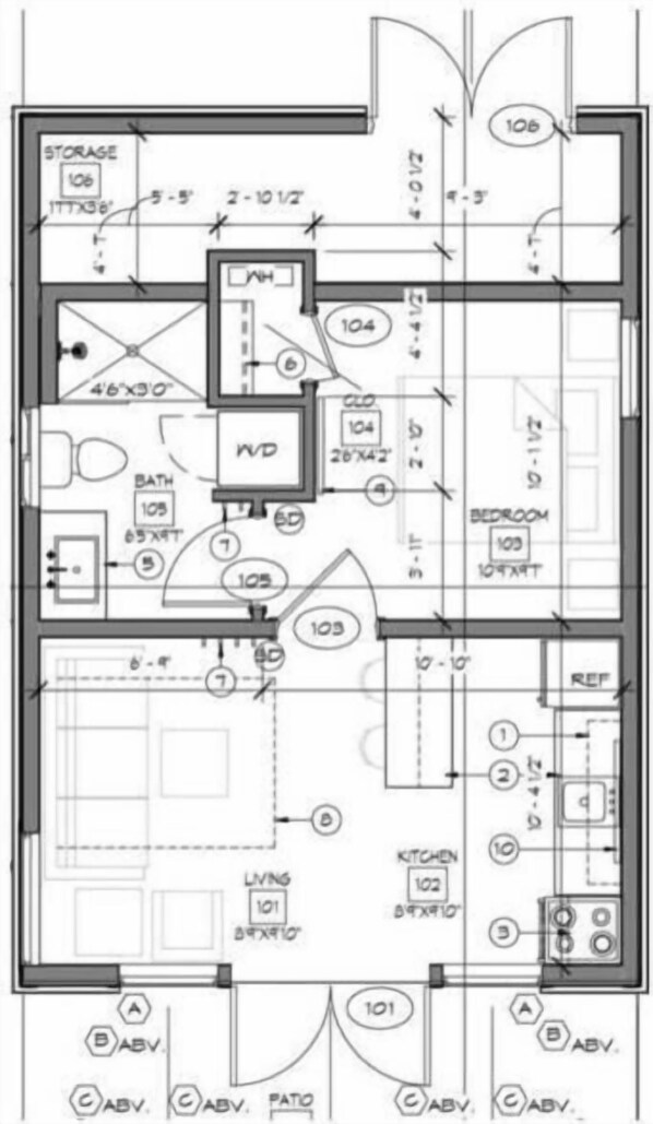 Plano de planta con habitaciones identificadas, que incluyen sala de estar, cocina, baño y dormitorio.