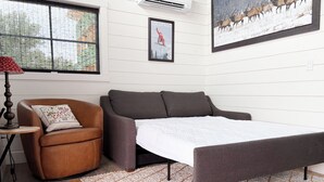 Une pièce moderne comprenant un canapé, un fauteuil, un tapis et deux tableaux encadrés accrochés au mur.