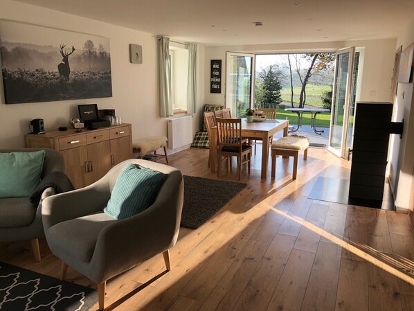 Smart TV, fireplace, music library