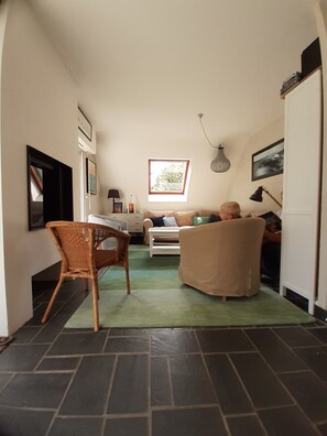 Fireplace, books, music library, video library