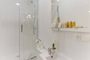 Shower, hair dryer, towels