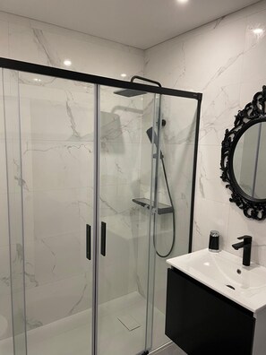 Shower, hair dryer, bidet, towels