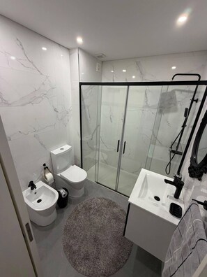 Shower, hair dryer, bidet, towels