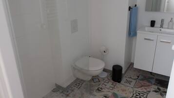 Douche, serviettes fournies, papier toilette