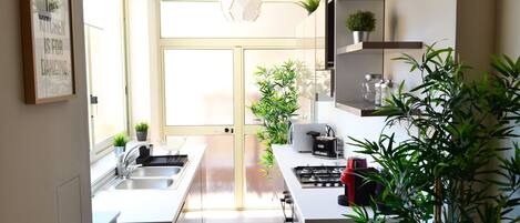 Fridge, microwave, oven, stovetop