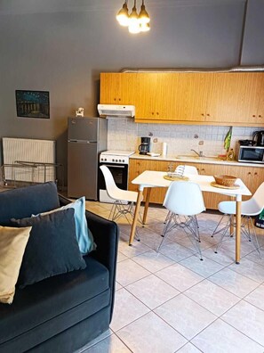 City Apartment, 1 Bedroom (Street View) | Private kitchen | Full-size fridge, microwave, oven, stovetop - Sofie's Choice Mytilini (Lesvos)