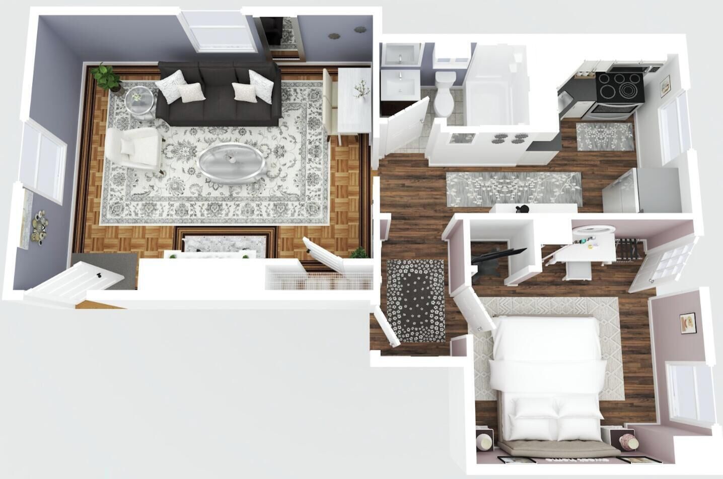 Distribución moderna de un apartamento con sala de estar, cocina y dormitorio.