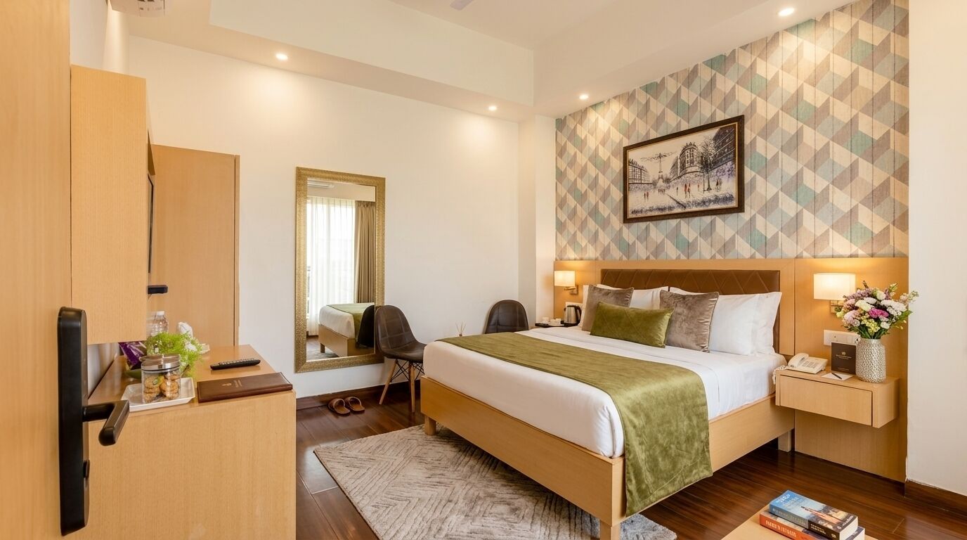Habitación de hotel con cama, mesitas de noche, escritorio, silla, espejo y un cuadro colgado en la pared.