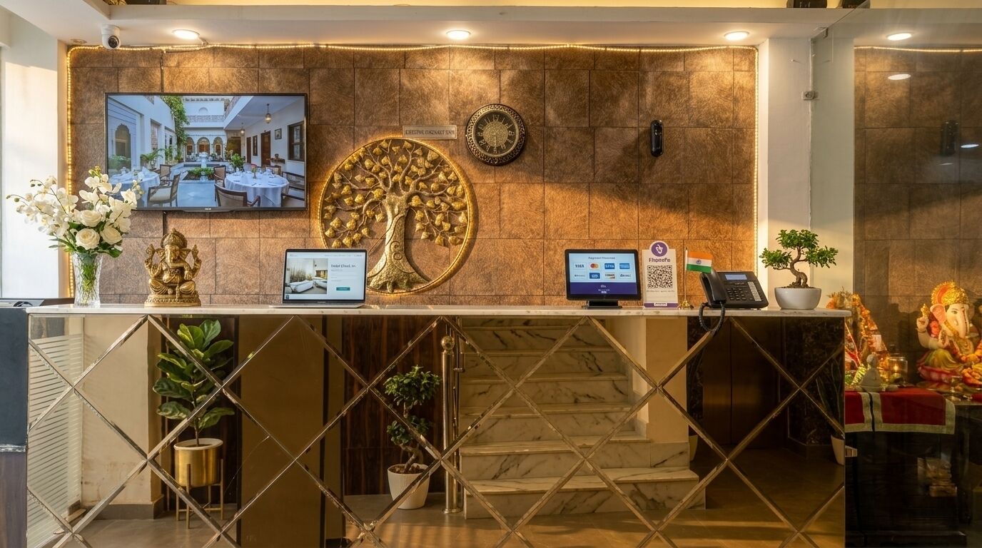 A reception desk with a television, a decorative tree, a clock, and a statue.