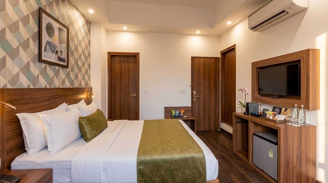 Ein Hotelzimmer mit einem Bett, einem Schreibtisch mit Fernseher, einem Kühlschrank und einer Wandklimaanlage.