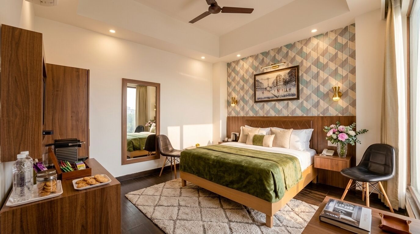A hotel room with a bed, a desk with a mirror, a chair, a nightstand, and a window with curtains.