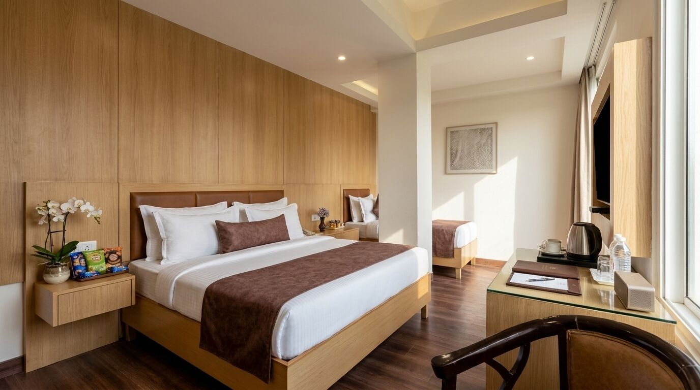 A hotel room with a large bed, bedside tables, a desk, and a chair.
